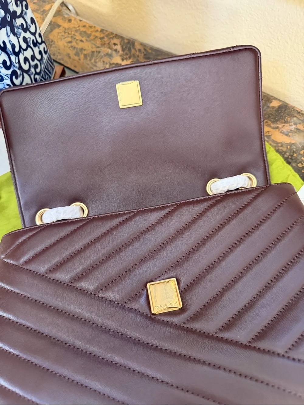 Tory Burch Quilted Chevron Leather Shoulder Bag in Dark Brown/Burgundy
